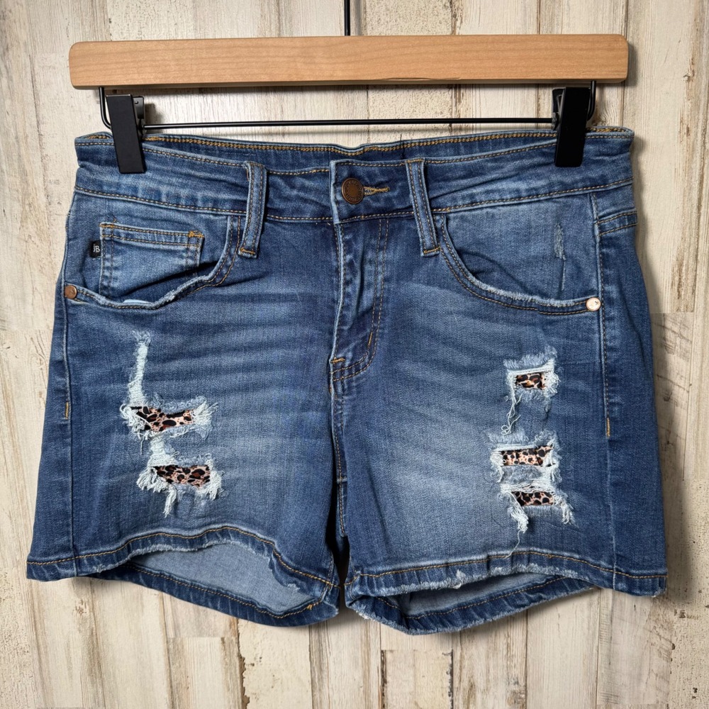 Judy‎ Blue Denim Leopard Cheetah Patch Distressed Shorts Womens Size M